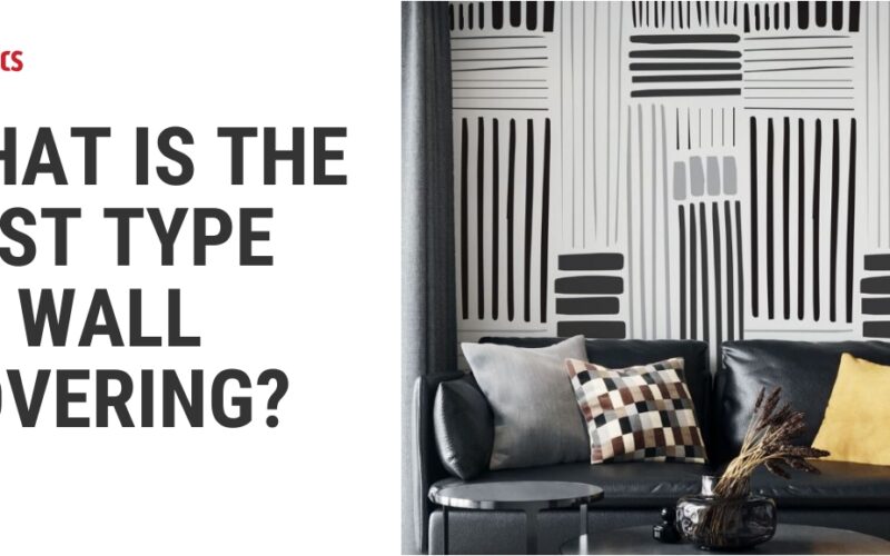 What is the best type of wall covering text with an image of a black couch in front of a wall with black and white striped wallpaper