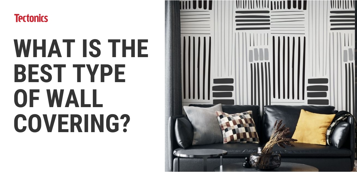 What is the best type of wall covering text with an image of a black couch in front of a wall with black and white striped wallpaper