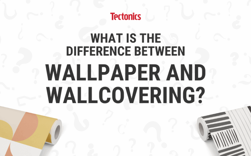 Large text reading "what is the difference between wallpaper and wallcovering?" with question marks in the background and 2 rolls of patterned wallpaper