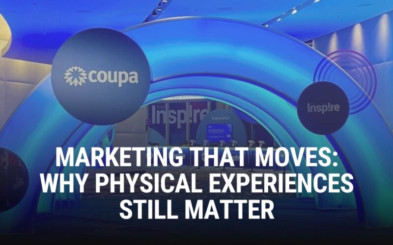 row of blue backlit arches with the text "marketing that moves" on top