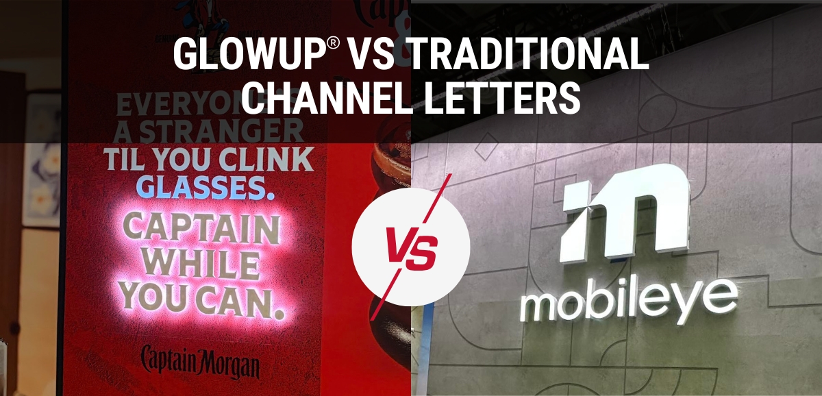 GlowUp image on left, Traditional Channel Letters on right, with a vs inbetween